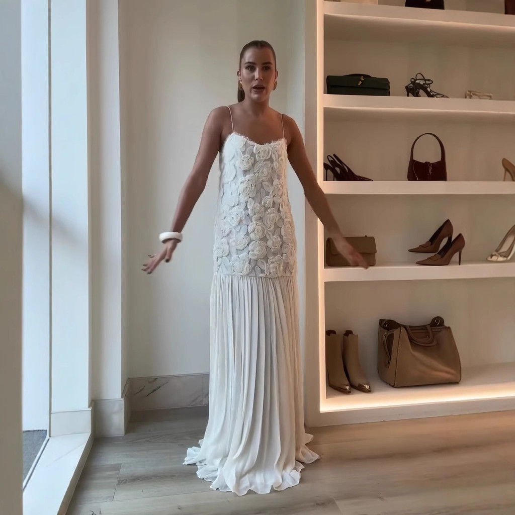 Gaun Wanita baru Pakaian Eropa Amerika AliExpress Terlaris Tali Ruffle Dekorasi Mawar 3D