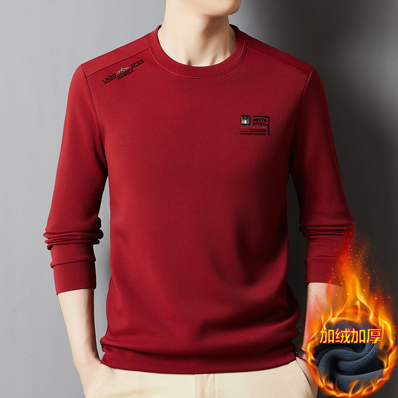 Kaos Pria Lengan Panjang Berlapis Fleece Tebal Dasar Bulat Atasan    Baru Leher Setengah Tinggi Warn