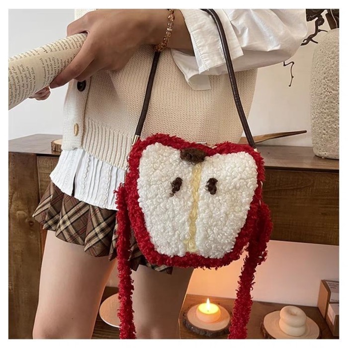Tas Tangan Apel Wol Domba Natal Tas Kecil Buatan Tangan Lucu Mewah Tas Wol Rajutan Anak-anak