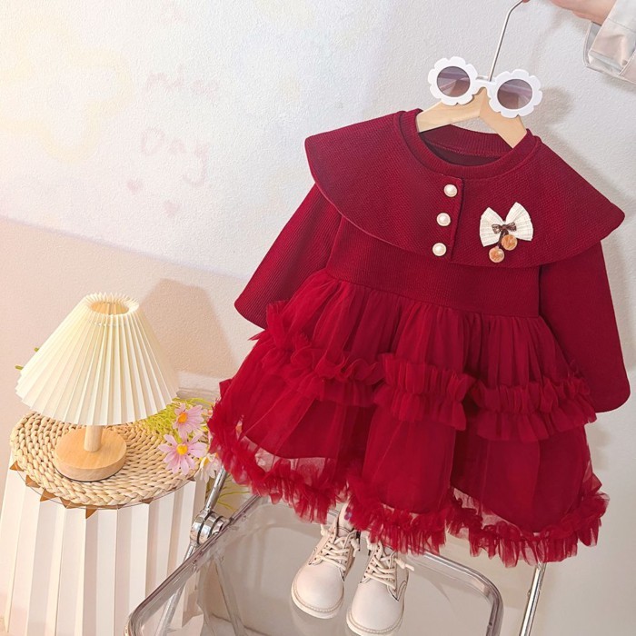 Gaun Kue Bergaya Anak Perempuan Gaun Putri Bayi Perempuan Lengan Panjang Baru Gaun Korea Dua Potong 