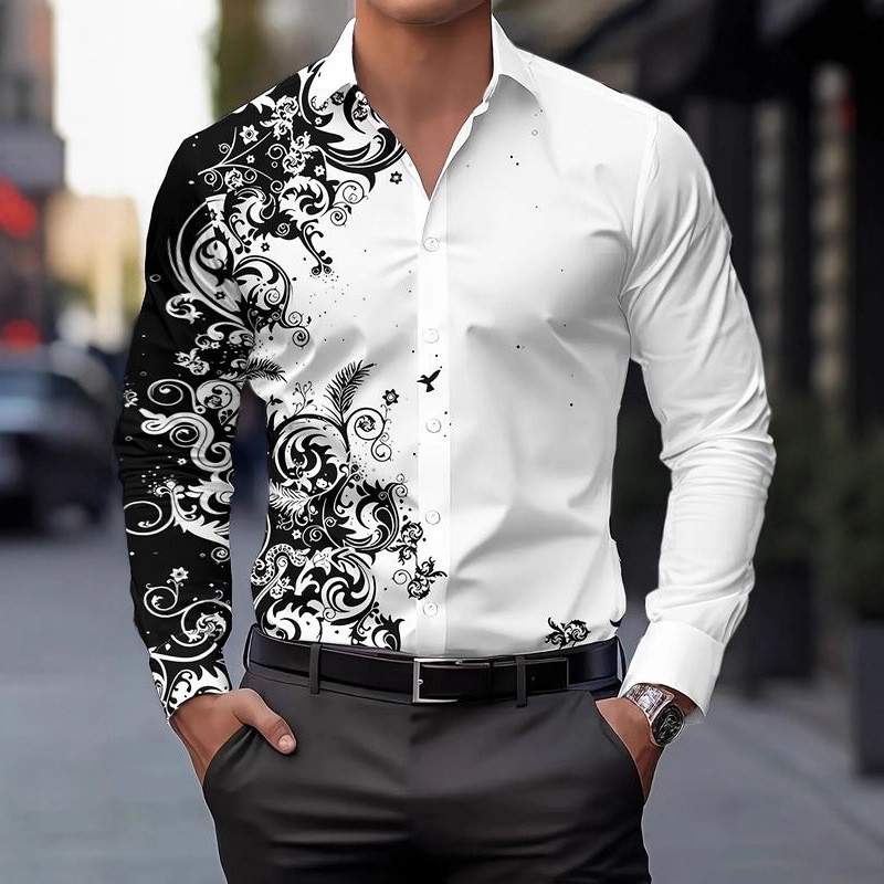 Kemeja Pria Lengan Panjang Slim Fit Motif Batik Floral Abstrak Monokrom Mewah - Baju Kemeja Cowok Ca