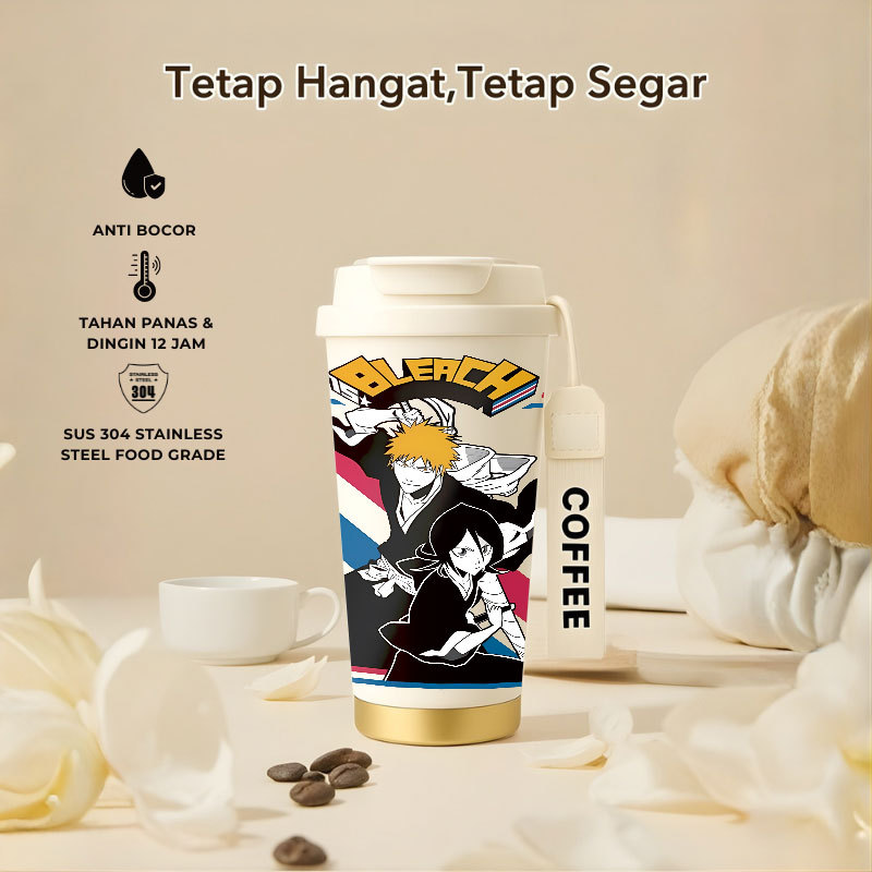 Tumbler Anime Bleach | 500ml SUS 304 | Anti Bocor 100% | Tahan Panas & Dingin 12 Jam | Sedotan Lipat