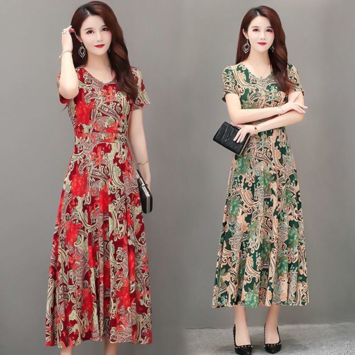 Nyonya Gam gaun wanita paruh baya dan tua 2020 musim panas baru gaun ibu rok panjang ukuran besar lo