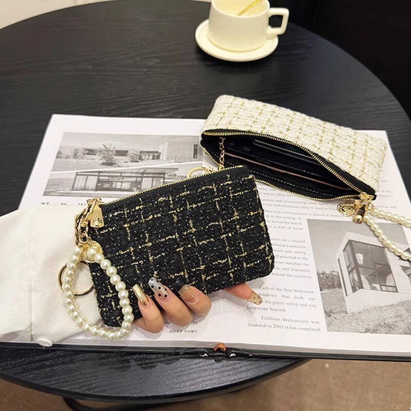 Tas Dompet Wanita Elegan Pendek Gaya Chanel Kecil Koin Ritsleting Kanvas Tenun Pemegang Kartu Clutch
