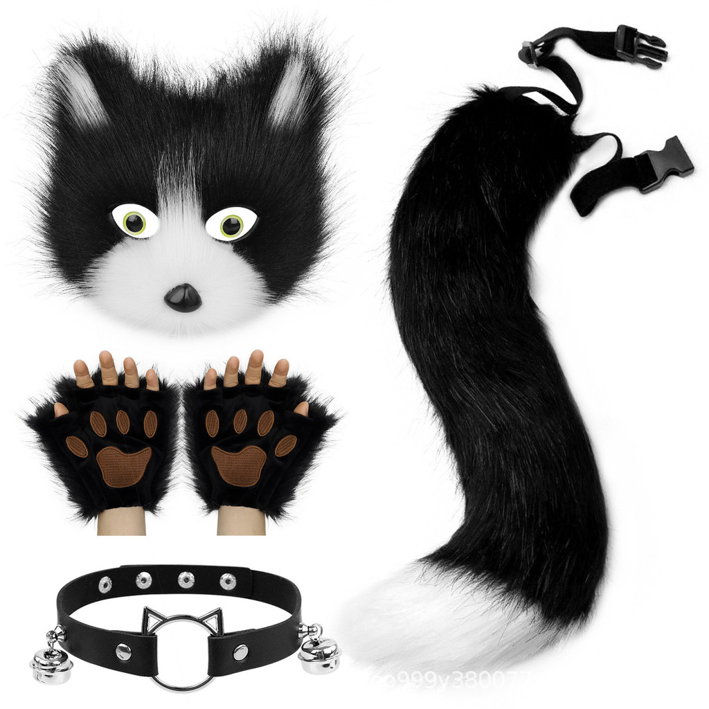 Aksesoris Kostum Set Aksesori Cosplay Topeng Wajah Halloween Kerah Ekor Rubah Plush Sarung Tangan Se