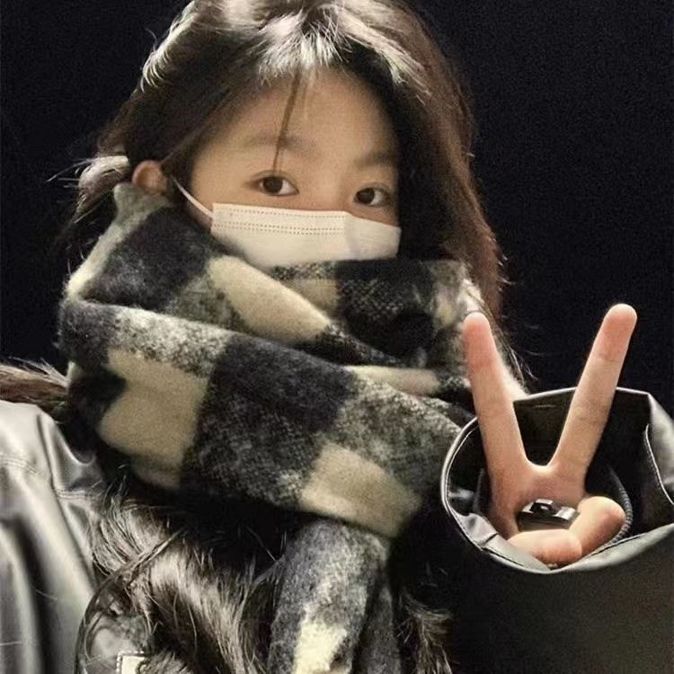 Syal Musim Dingin Syal Kotak-kotak Imitasi Kasmir Melard Baru Wanita, Selendang Tebal Hangat Musim G