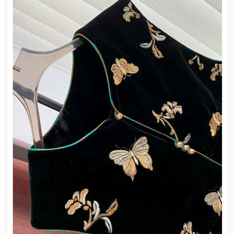 Dress Daster Wanita elegan Rompi Beludru Gaya Cina untuk 2025   Baru Hitam Brokat Patchwork Fashion 