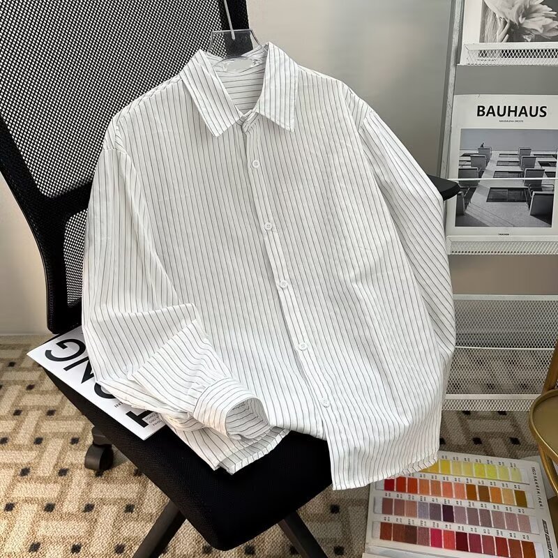 New Pakaian Kemeja Baju Pria Lengan Panjang Bergaris Katun Murni untuk Pria,   Tipis Longgar Kasual 