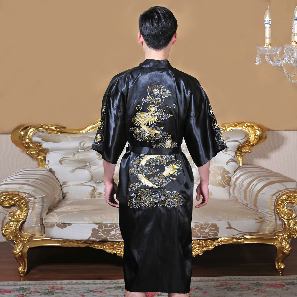 Kimono Pria Silk Satin Bordir Naga Gold Premium - Jubah Mandi Hotel Gaya Cina - Baju Tidur Pajamas D