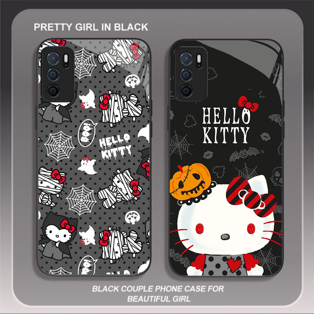 HK-26 Halloween Hello Kitty Glass KACA Casing untuk OPPO Reno A74 6 A95 A54S A16 A16S F19 F19S Lite
