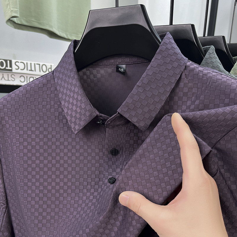 Polo Shirts 2025 Kaos Lengan Pendek Sutra Es Pria Bisnis Santai Warna Solid Kotak Jacquard T-Shirt G