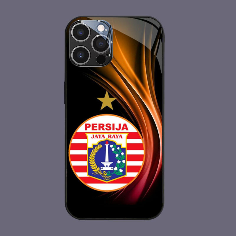 DK-65 Indonesian FC Persita Casing KACA bingkai lembut hitam iPhone 15 14 Plus Pro Max