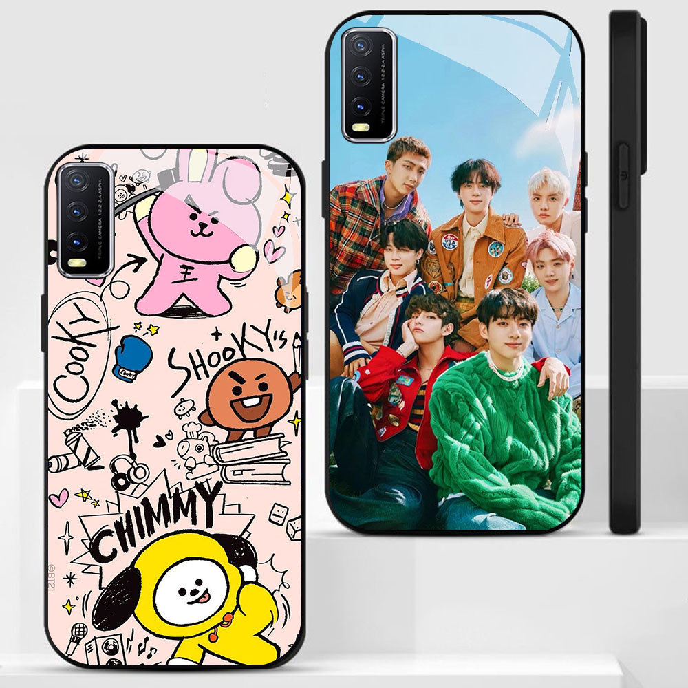 KT-56 BTS BT21 HD Glass Casing untuk VIVO Y20 Y20s Y20i V15 Y50 S1 Y30 V50 Y03 Y29 Lite Pro