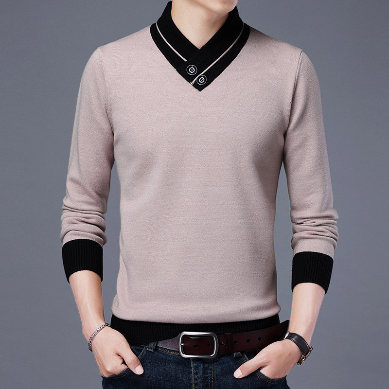 LINGHAO Pakaian   Baru Fashion Trendy V-Neck Sweater Pria Hangat Berlapis Fleece Kancing Trend Berku