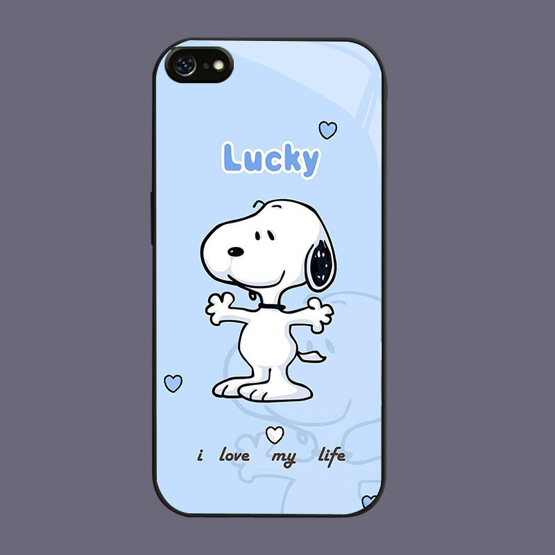 DJ-16 Cute Snoopy Casing KACA bingkai lembut hitam iPhone SE 6 X XS 6S XR 8 7 Max Plus 2020 2022