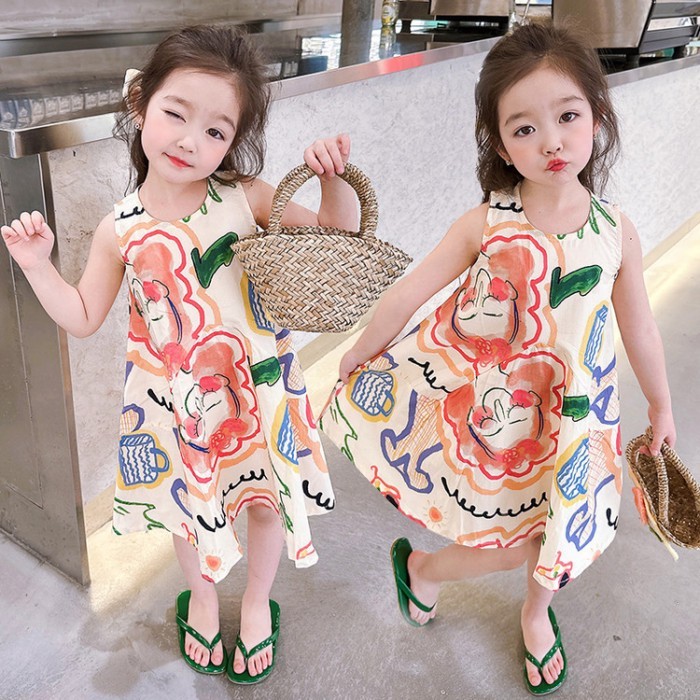 Gaun Putri Anak-anak 2025 Tipis Musim Panas Anak Perempuan Gaun Grafiti Rompi Modis Anak-anak Muda d
