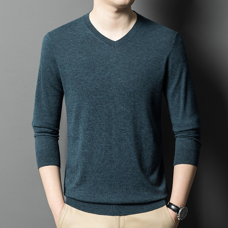 Pakaian Rajut Wol 300g High-end V-neck Pullover Sweater Dasar Warna Solid untuk Pria Berkualitas