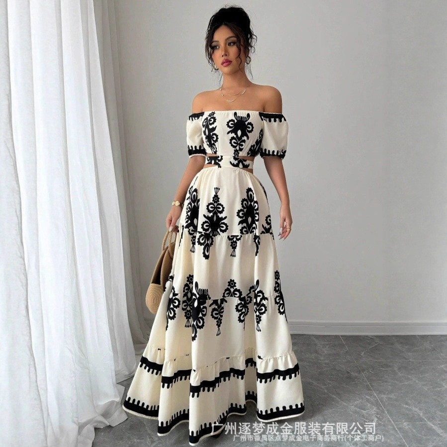 Gaun Dress Wanita Malam  Panas Baru 2026 Eropa  Amerika  Seksi Off-Shoulder Panjang Pinggang-Terteka