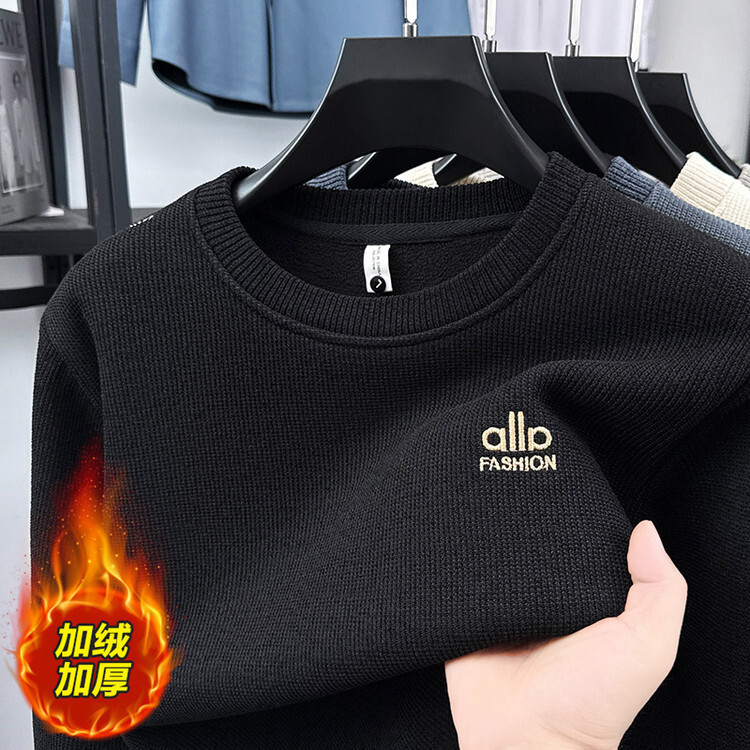 Sweatshirt Tebal Berlapis Fleece untuk Pria   Kaos Lengan Panjang Leher Bulat Hangat dengan Bordir H