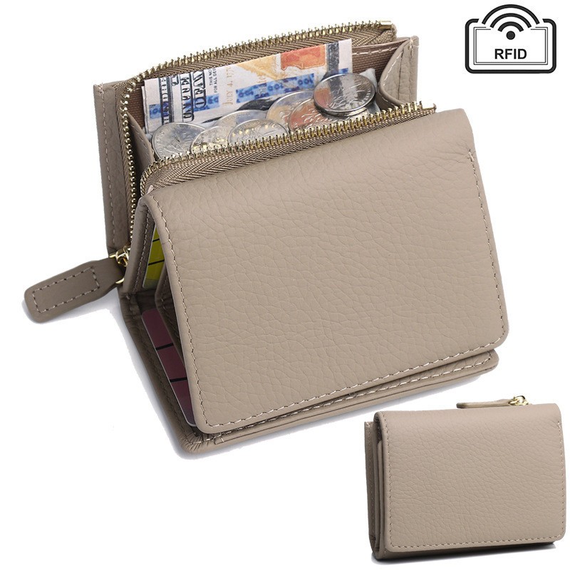 Tas Dompet Wanita Elegan Kulit Asli untuk Gaya Jepang Pendek Ritsleting Kecil Pemegang Kartu Anti-pe