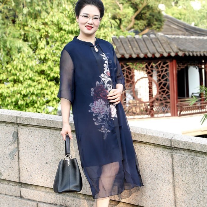 Cheongsam Musim Panas Baru Ukuran Besar Mulia 50 Rok Panjang Wanita Paruh Baya dan Tua Longgar Rok I