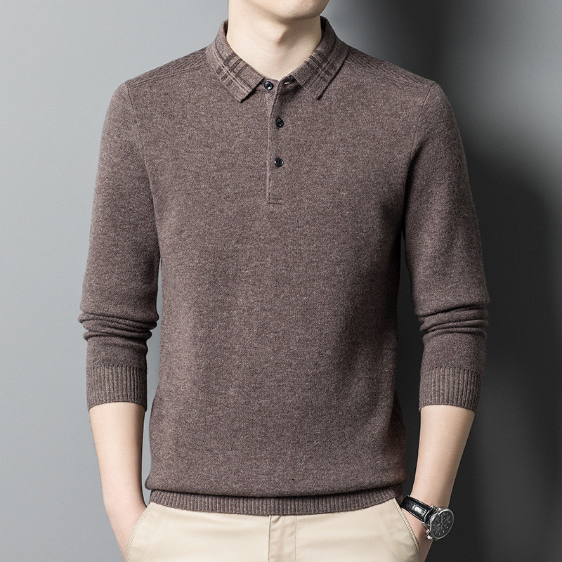 Sweter Wol Mewah Fashion Kasual Kerah Turun    Hangat Pakaian Kaos Dasar Rajut Ayah Tren Pria Berkua
