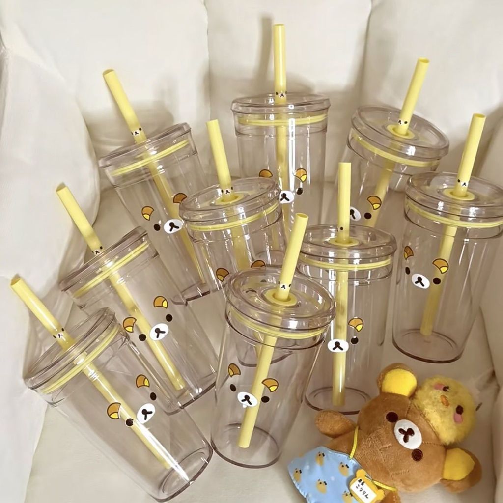INS Rilakkuma Jerami Kapasitas Besar Kartun Jepang Lucu Gelas Plastik Transparan dengan Tutup Kuning
