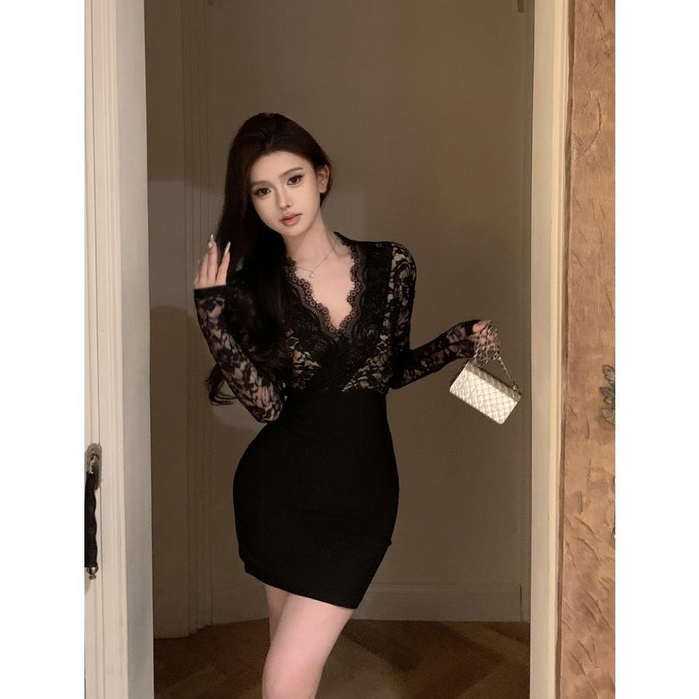 Dress Daster Wanita elegan Lengan Panjang V-Neck Patchwork Renda untuk Gaya Dewasa Awal   Pendek Sek