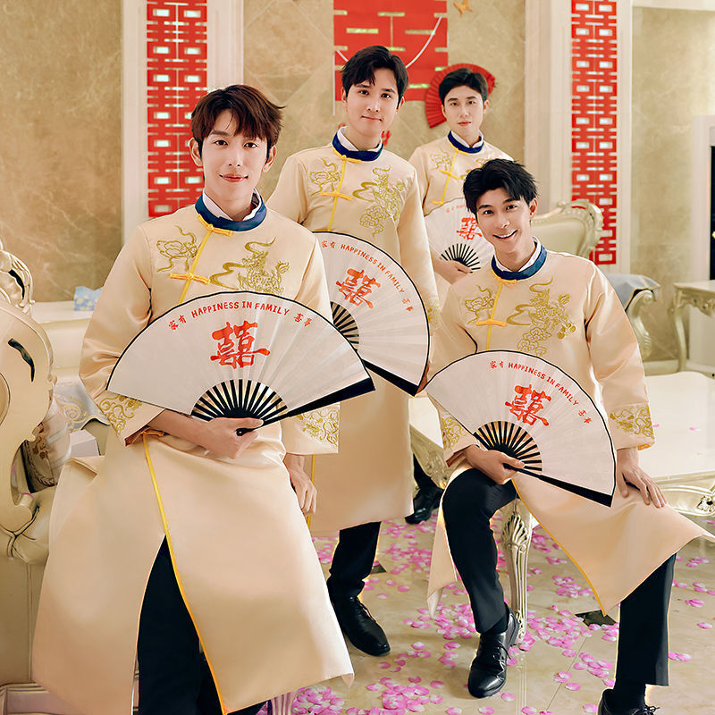 New Pakaian Kemeja Baju Pria Terbaik Kakak Kelompok Retro Cina Pernikahan Salam Pengantin Jubah Panj