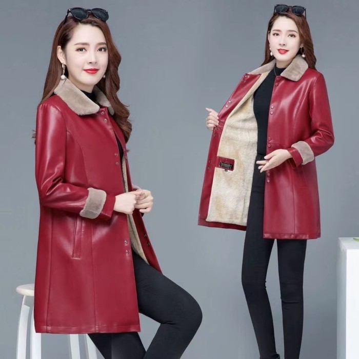 Jaket Kulit PU Longgar Satu Kerah Bulu Tebal Beludru Panjang Sedang Musim Dingin Kasual Wanita