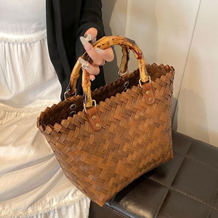 Tas Jerami Rotan Imitasi Kapasitas Besar Tenunan Tangan Murni Tas Tangan Rotan Tas Wanita Piknik Ker
