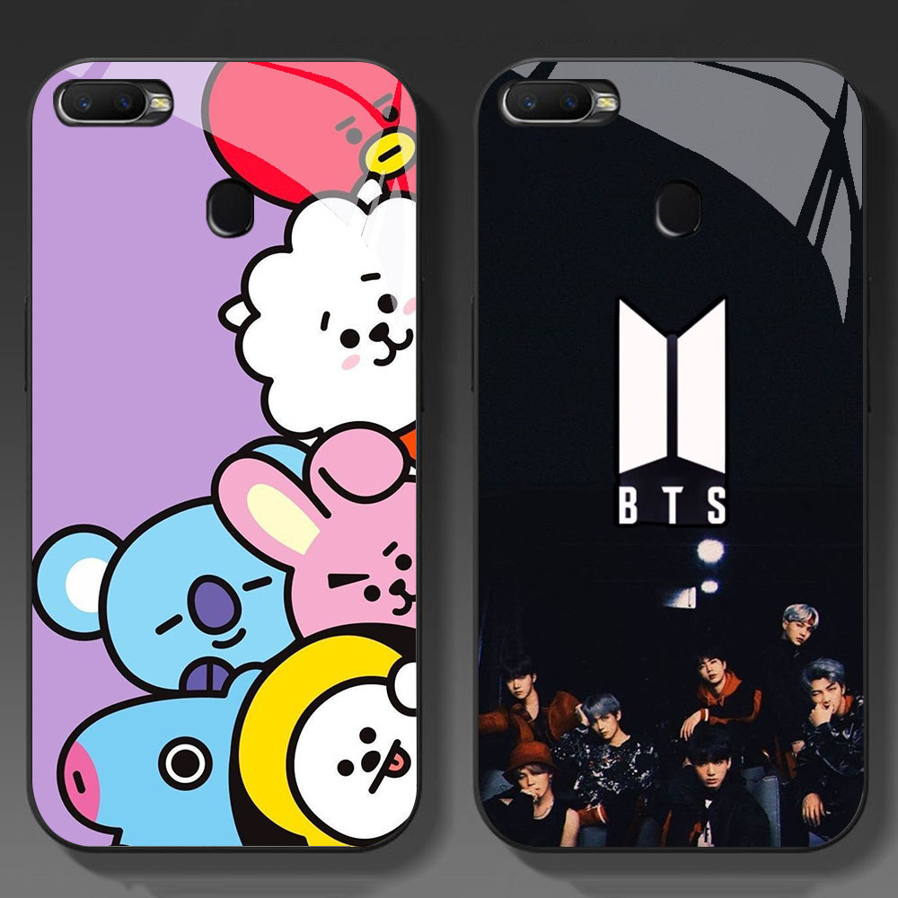 KT-56 BTS BT21 HD Glass Casing untuk OPPO A7 A12 A12S A11K A5S F9 F7 F5 Realme 2 Pro