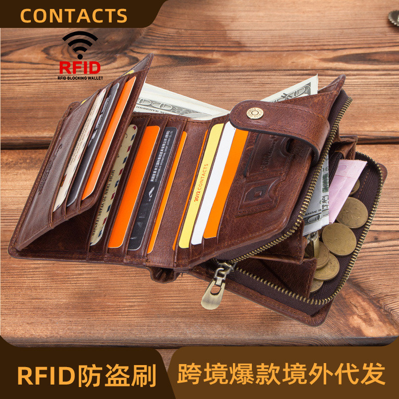 Dompet Pria Elegan Nuansa Multifungsi Crazy Horse RFID Sumber Pabrik Black Angel Kulit Asli Clutch D