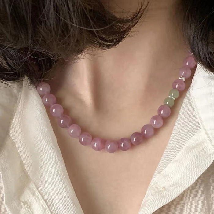 Natural Pink Crystal And Hetian Jade Necklace Women's New Beaded Clavicle Chain