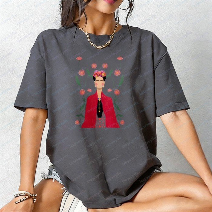 Bohemian Style Frida Kahlo Floral Portrait Artistic Shirt Floral Elements Unisex Cotton T-Shirt Fas