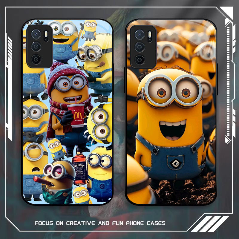 JP-59 Minions Case KACA Soft Edge Untuk OPPO Reno A16 F19 F19S A16S A54S A74 A95 6 Lite