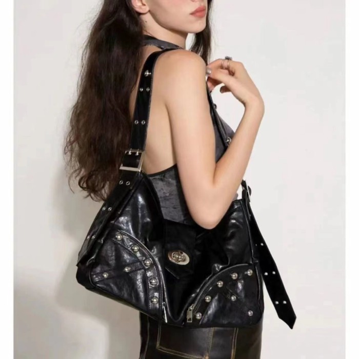 Tas Tote Hitam Anak Perempuan Populer Uniseks Tas Ketiak Tas Bekas Tas Y2k Retro Antik Tas Kulit Tas