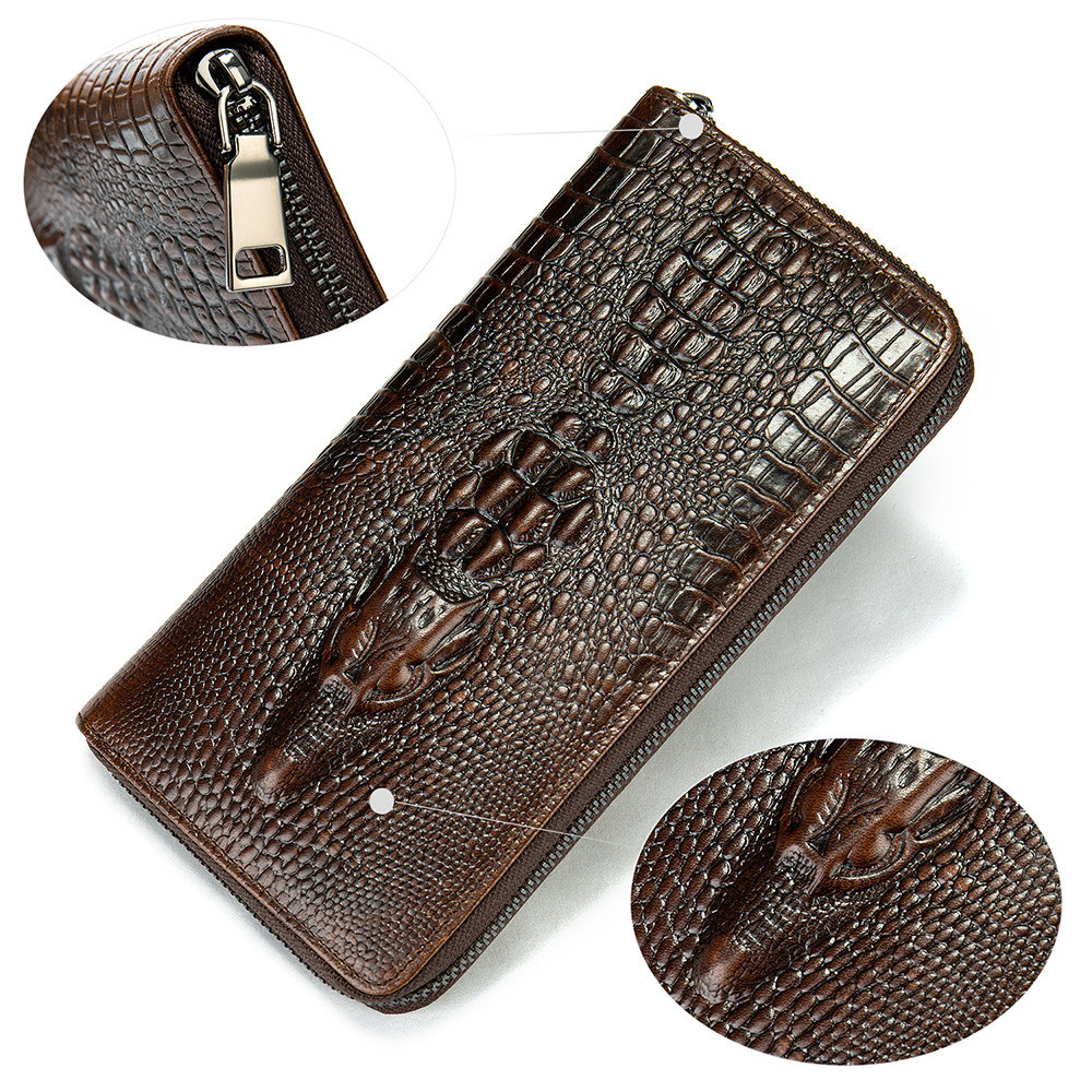 Dompet Long Wallets Pria Panjang Motif Asli Pola Buaya Bisnis Slot Multi-Kartu Clutch Kulit Sapi Lap