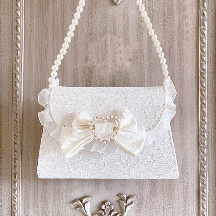 Tas Tangan Renda Lolita Buatan Tangan Asli, Busur, Tas Selempang Mutiara, Tas Amplop