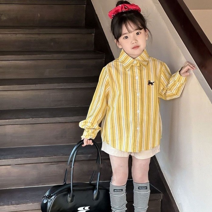 Jaket Kemeja Kuning Anak Perempuan 2025 Atasan Lengan Panjang Korea Anak-anak Gaya Musim Semi Baru