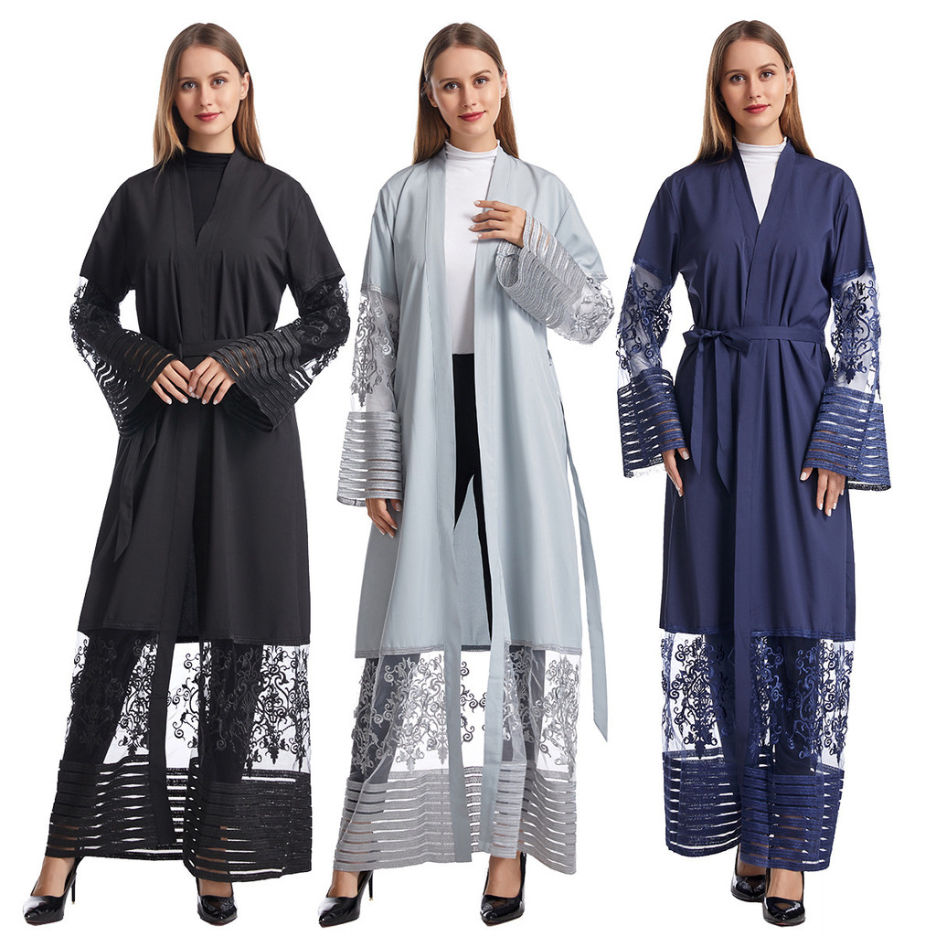 Dress Gaun Wanita Muslim Pabrik Stok Abaya Arab Timur Tengah Panjang Jala Patchwork Bordir Cardigan 