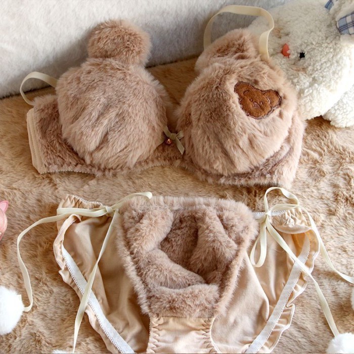 Set Bra Busur Mewah Pelajar Beruang Lucu Musim Gugur dan Musim Dingin Gadis Jepang Merah