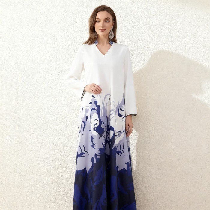 Rok Panjang Motif Abstrak Gradien Putih dan Biru Rok Panjang Wanita Gaya Plus Longgar Lengan Panjan