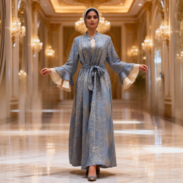 Kardigan jubah wanita rok panjang dua potong lengan lonceng gaun bertali benang emas bordir elegan