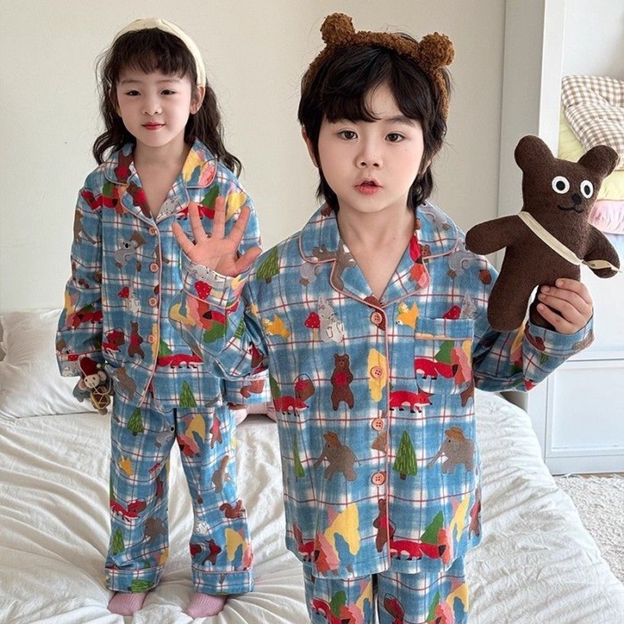 Piyama Anak Menengah dan Besar Musim Gugur dan Musim Dingin Gaya Korea Ins Anak Laki-laki dan Peremp