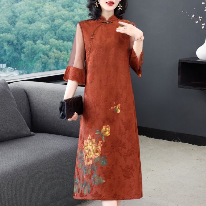 Gaun Pernikahan Ibu Wanita Cheongsam Retro Gaya Tiongkok Ukuran Plus Gaun Pernikahan Ibu Mertua Kela