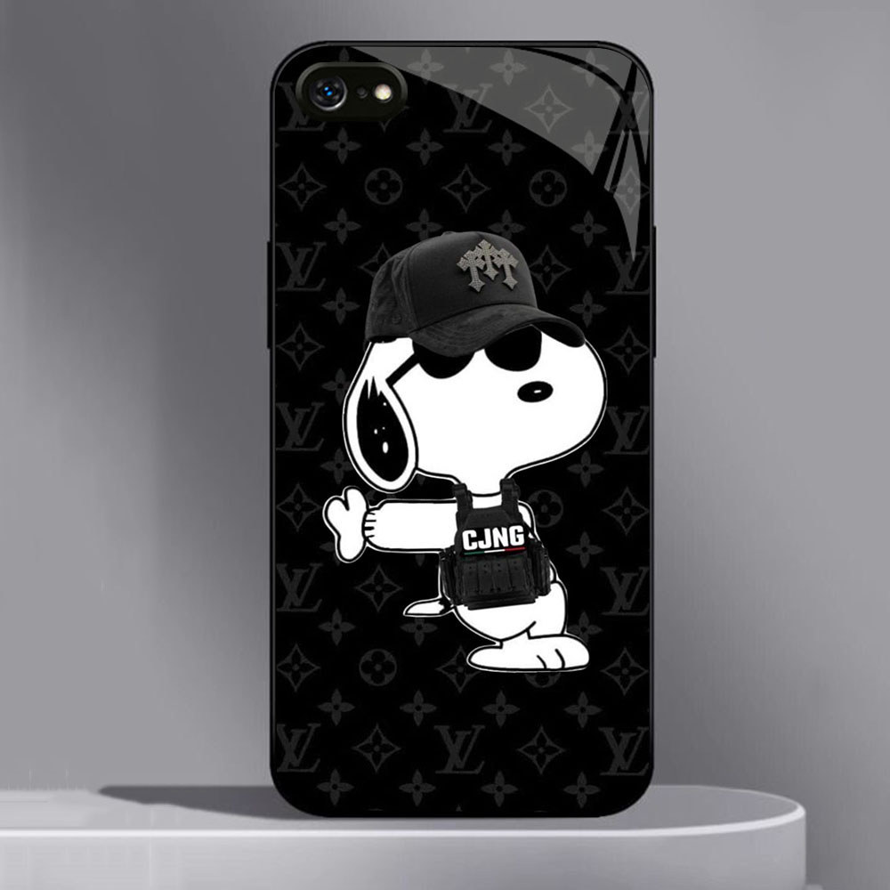 UK-88 Snoopy Casing KACA bingkai lembut hitam iPhone SE 6 X XS 6S XR 8 7 Max Plus 2020 2022