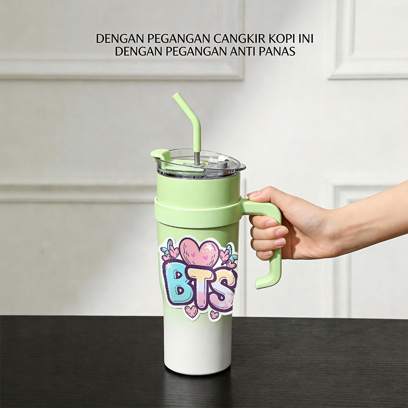 BTS Heart Sticker  Cangkir Termos 304 Baja Tahan Karat Kopi 1182Ml, Botol Termos Vakum Portabel, Des