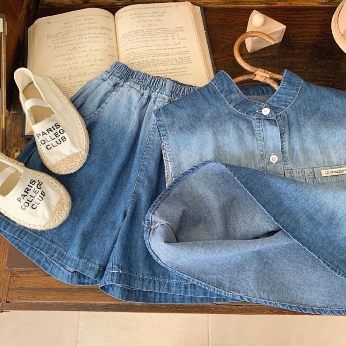 Jas Musim Panas Anak Laki-Laki, T-Shirt Rompi Bayi Denim Anak-Anak Kecil dan Menengah, Celana Pendek