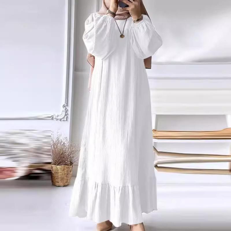 Dress Gaun Wanita Muslim 2024 Jubah Panjang     Fashion Baru Lengan Puff Vintage Ruffle Saku Berkual